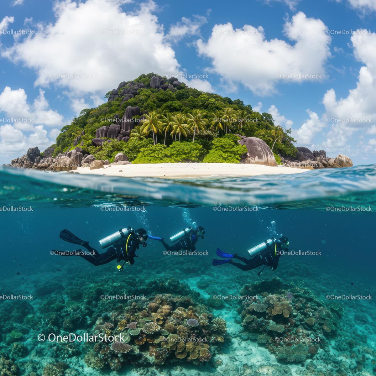 Scuba Divers Exploring Coral Reef Near Tropical Island