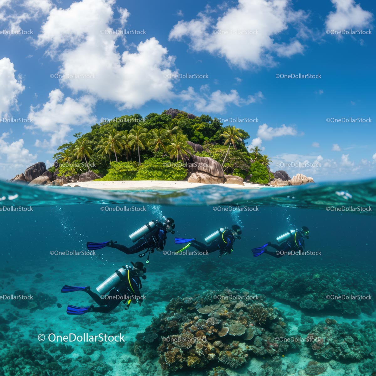 Scuba Divers Exploring Coral Reef Near Tropical Island