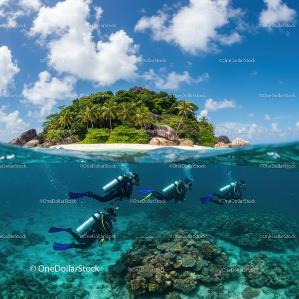 Scuba Divers Exploring Coral Reef Near Tropical Island