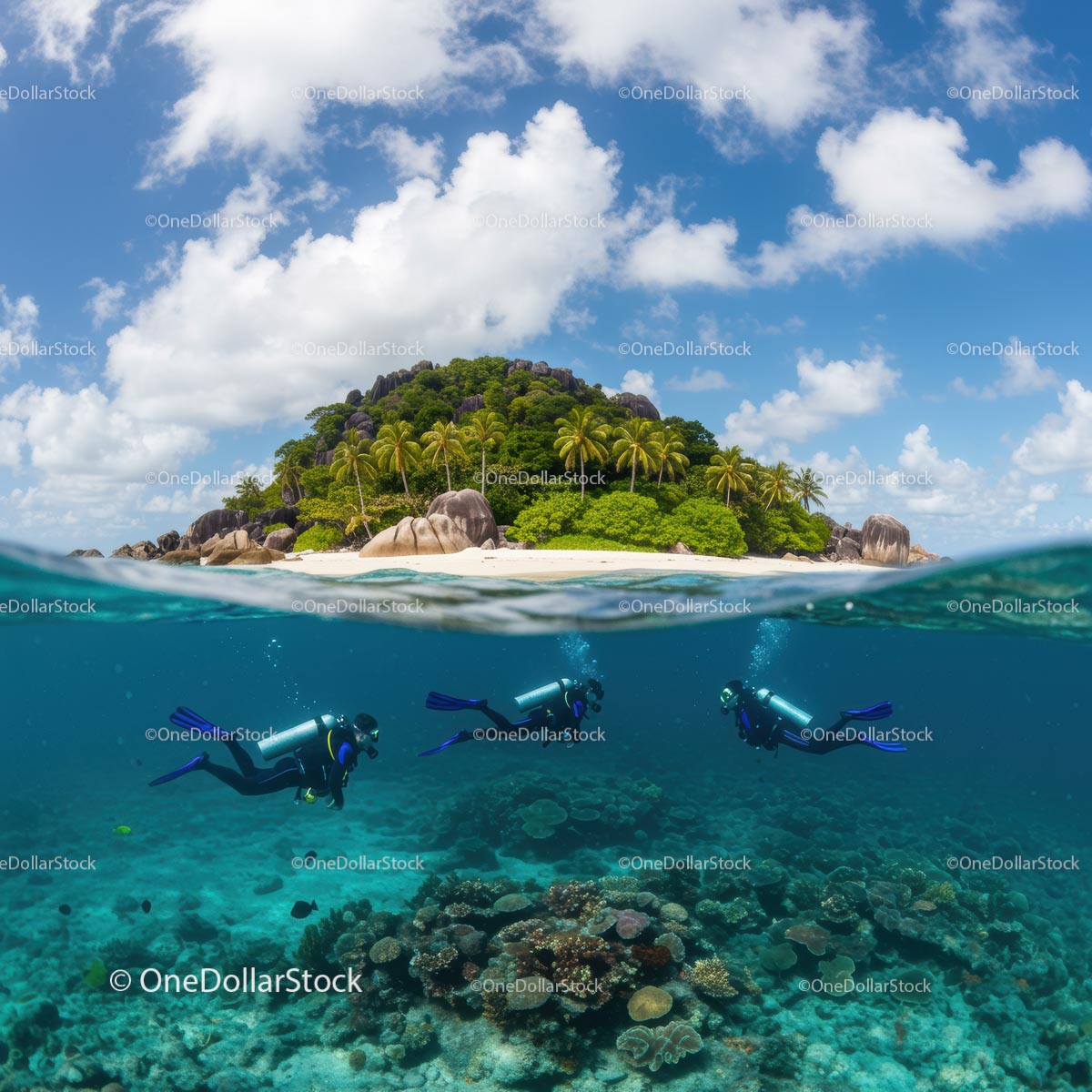 Scuba Divers Exploring Vibrant Coral Reef by Tropical Island
