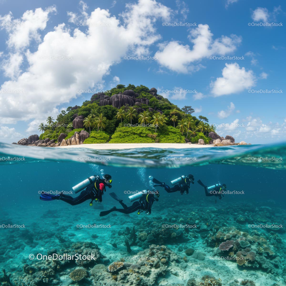 Scuba Divers Exploring Vibrant Coral Reef by Tropical Island