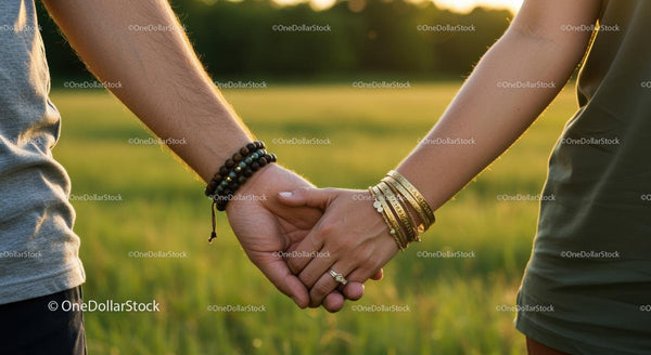 Couple Holding Hands at Sunset in a Summer Field