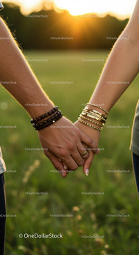 Couple Holding Hands at Sunset in Lush Field