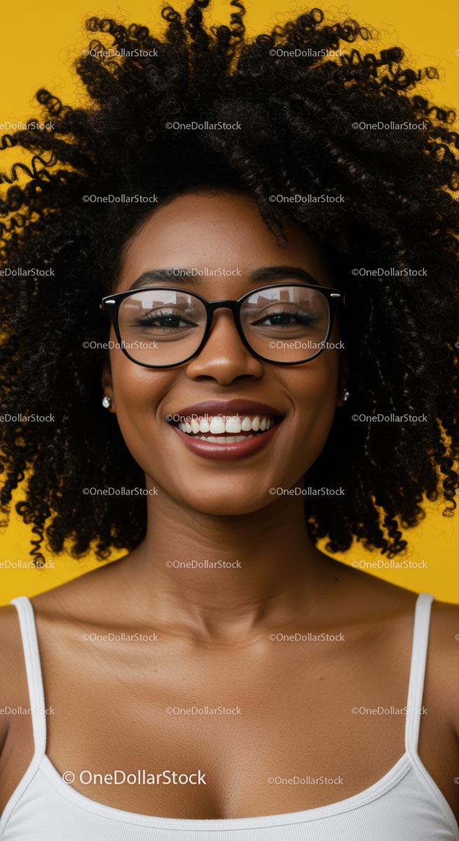 Smiling Woman with Curly Hair and Glasses on Yellow Background