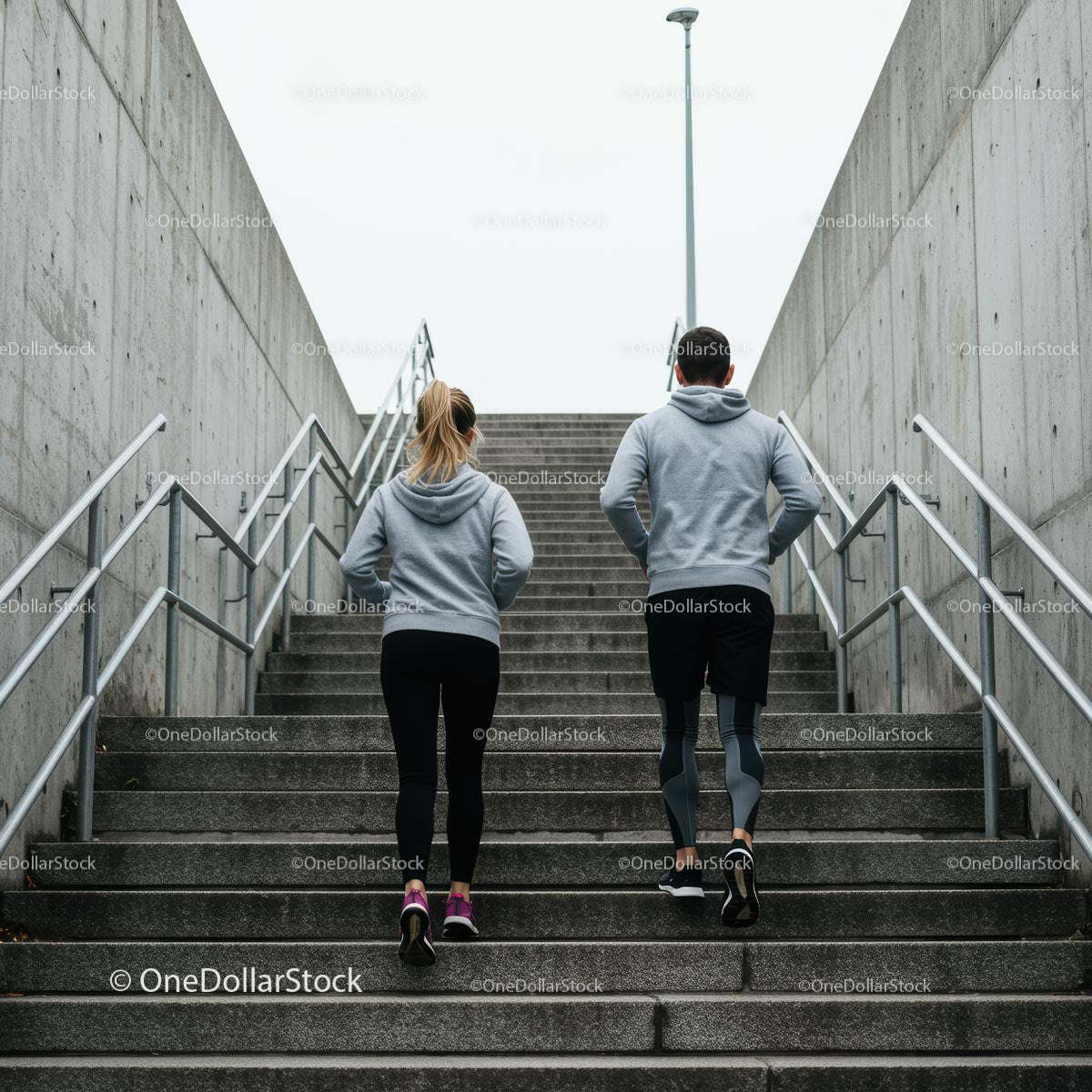 Couple Running Upstairs in Urban Setting