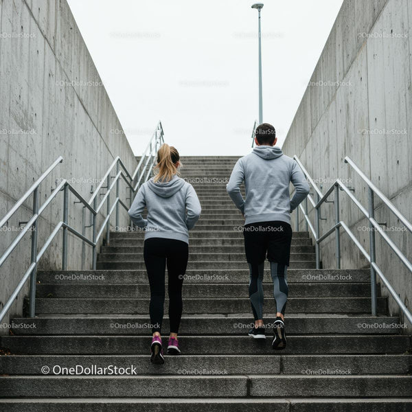 Couple Running Upstairs in Urban Setting