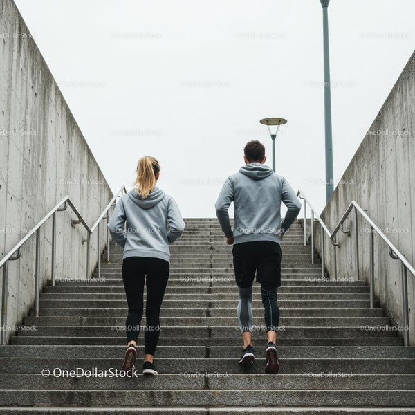 Active Couple Running Up Concrete Stairs in Urban Setting