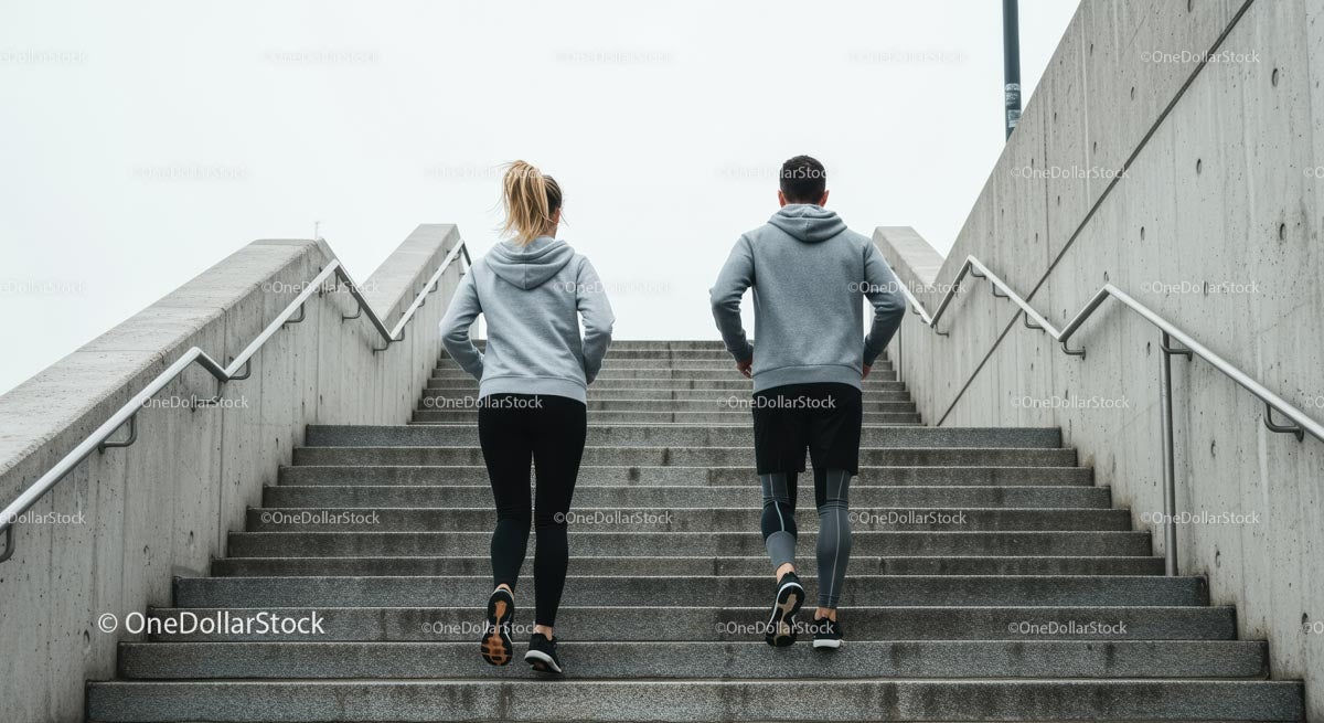 Couple Running Up Concrete Stairs in Urban Setting