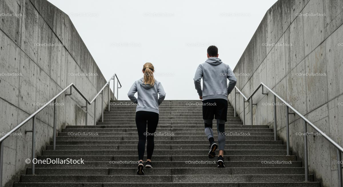 Couple Running Up Concrete Stairs for Fitness Workout