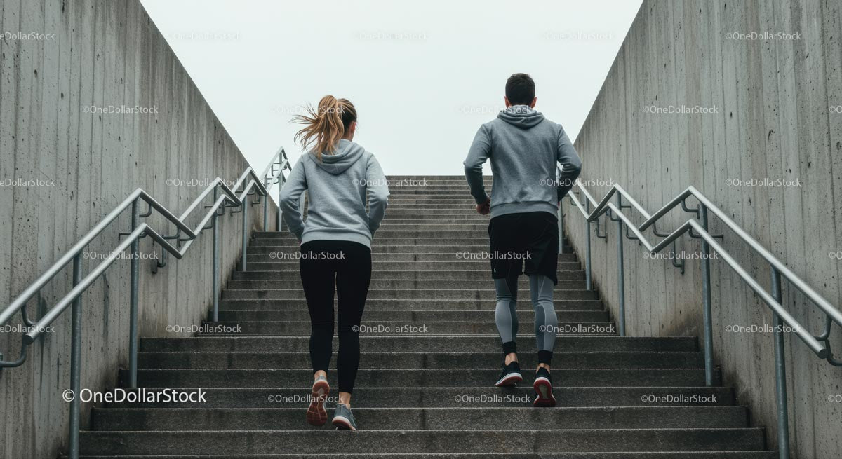 Fit Couple Jogging Up Concrete Stairs in Urban Setting