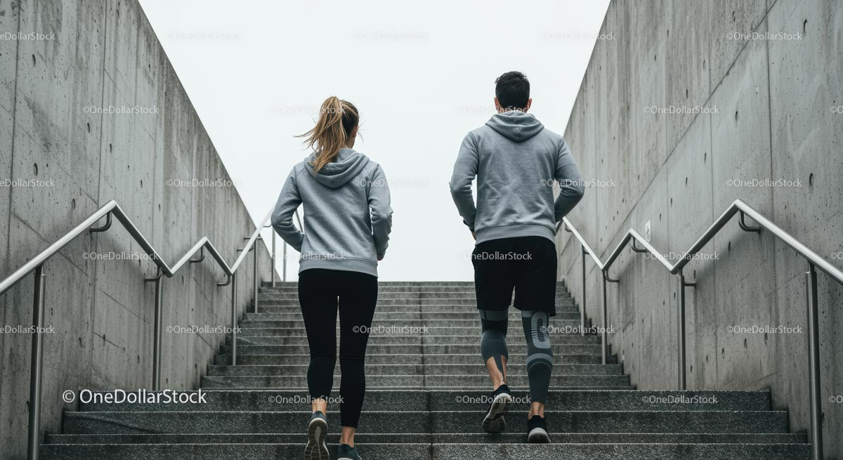 Athletic Couple Jogging Up Urban Stairs