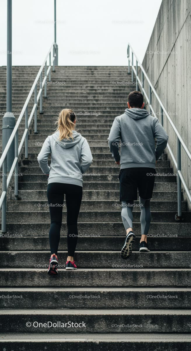 Couple Running Upstairs in Urban Environment