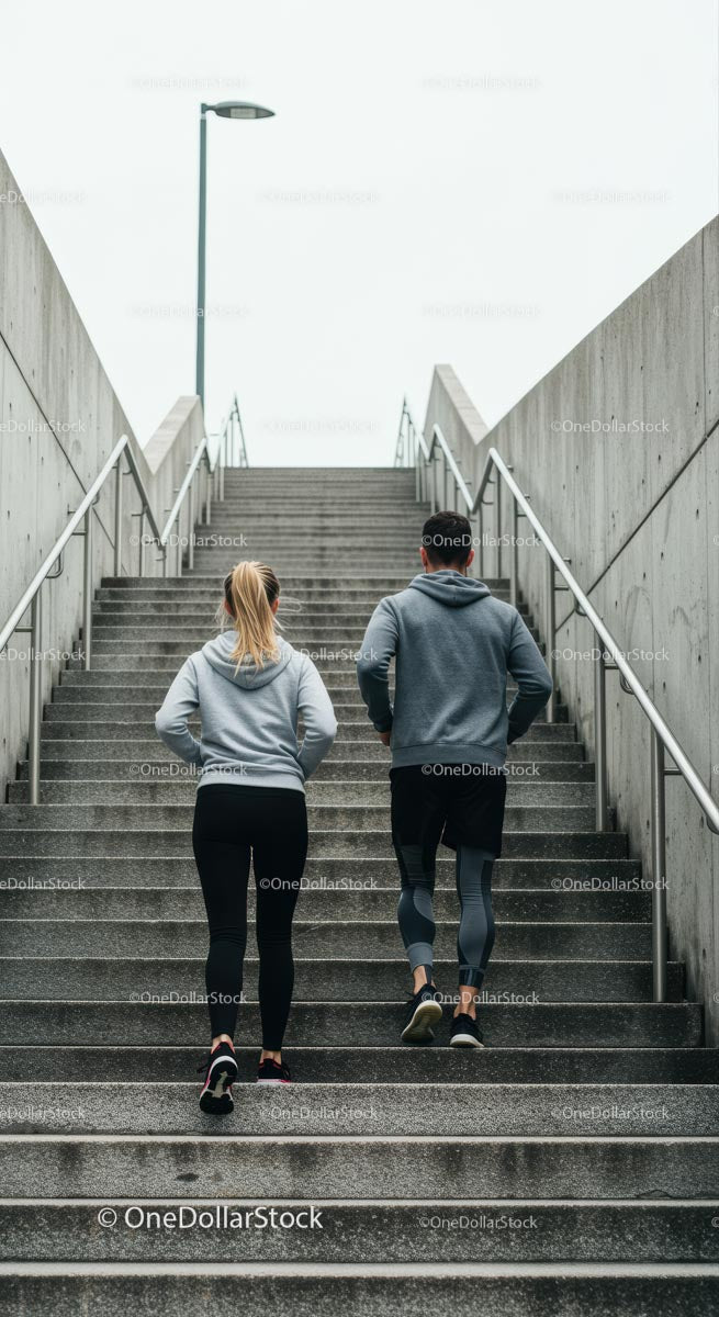 Couple Running on Urban Stairs in Athletic Clothing