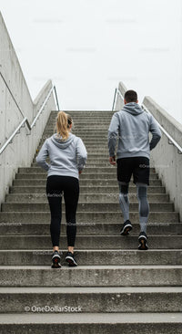 Couple Running Up Concrete Stairs in Athletic Wear