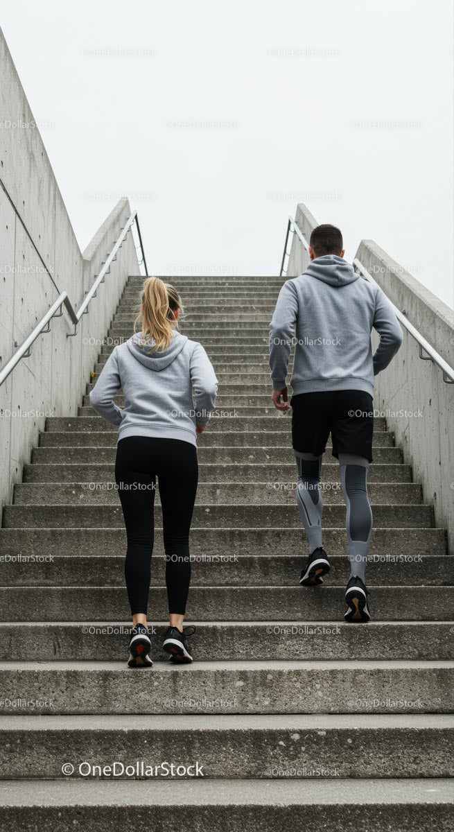 Couple Running Up Concrete Stairs in Athletic Wear