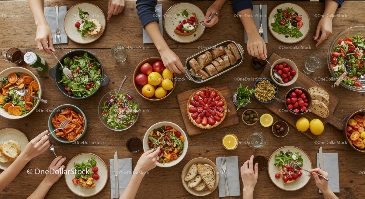 Vibrant Communal Meal with Fresh Ingredients and Rustic Charm