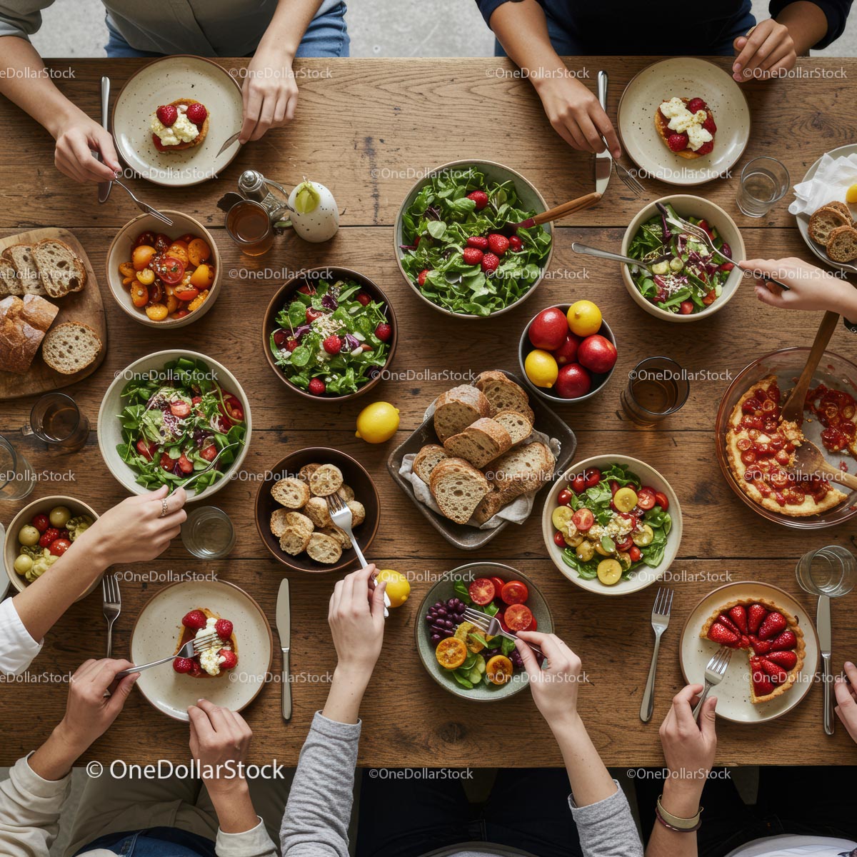 Freshly Prepared Salad and Bread Dinner Gathering