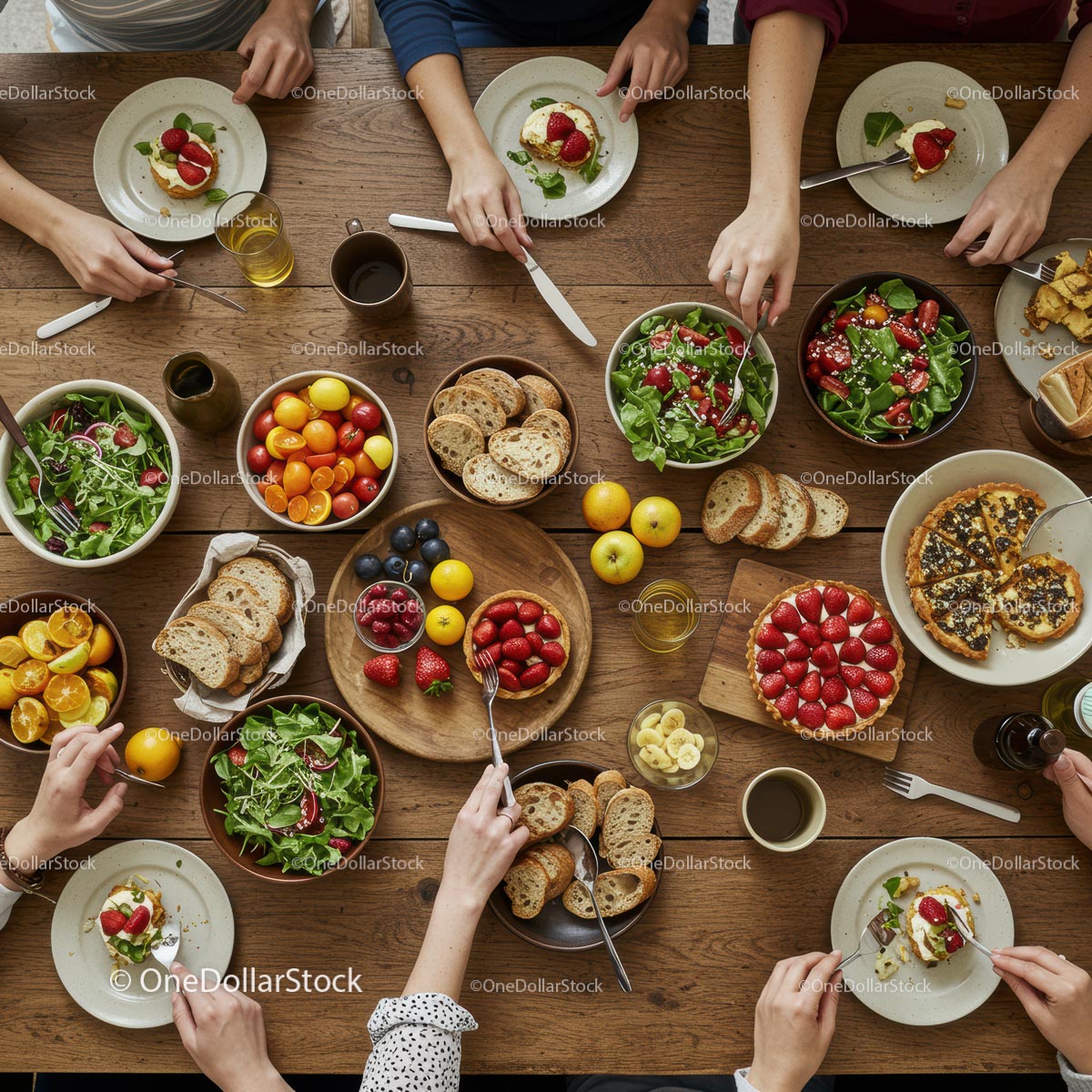 Vibrant Meal Sharing with Fresh Salads and Fruits