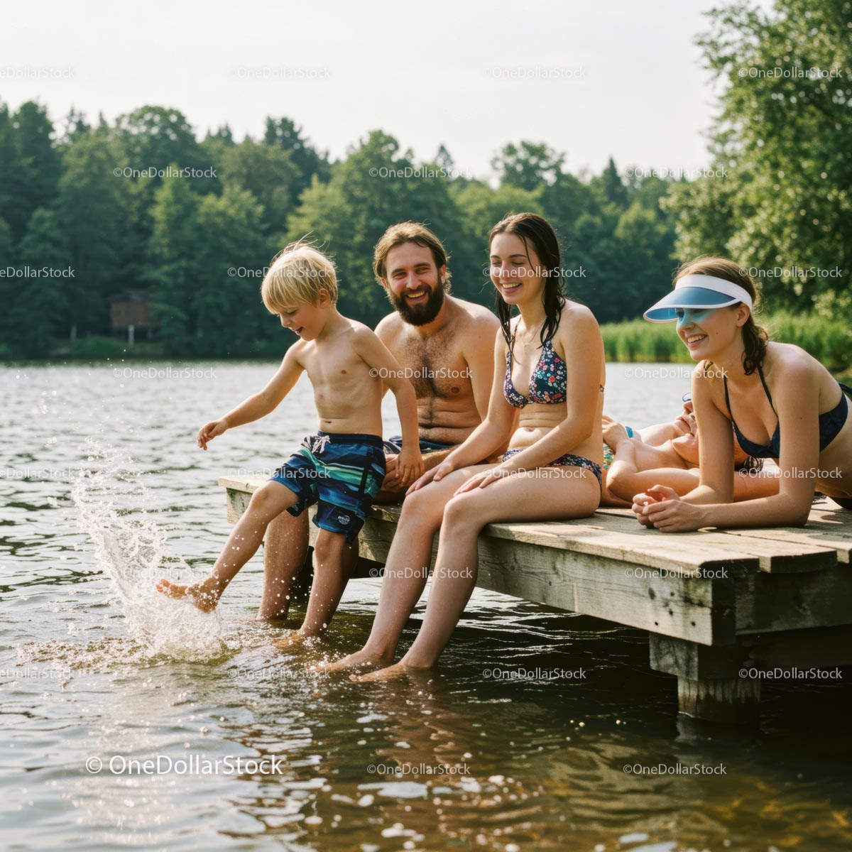 Family Enjoying a Sunny Day by the Lake