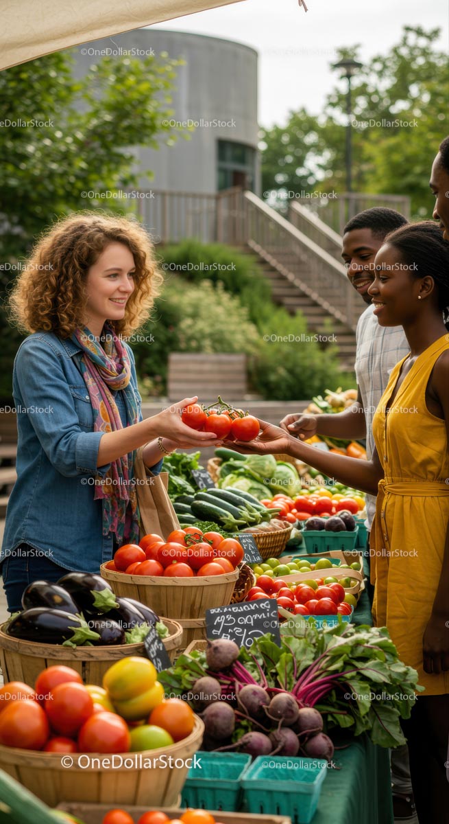 Smiling Customers at Vibrant Farmers Market Stall with Fresh Vegetables