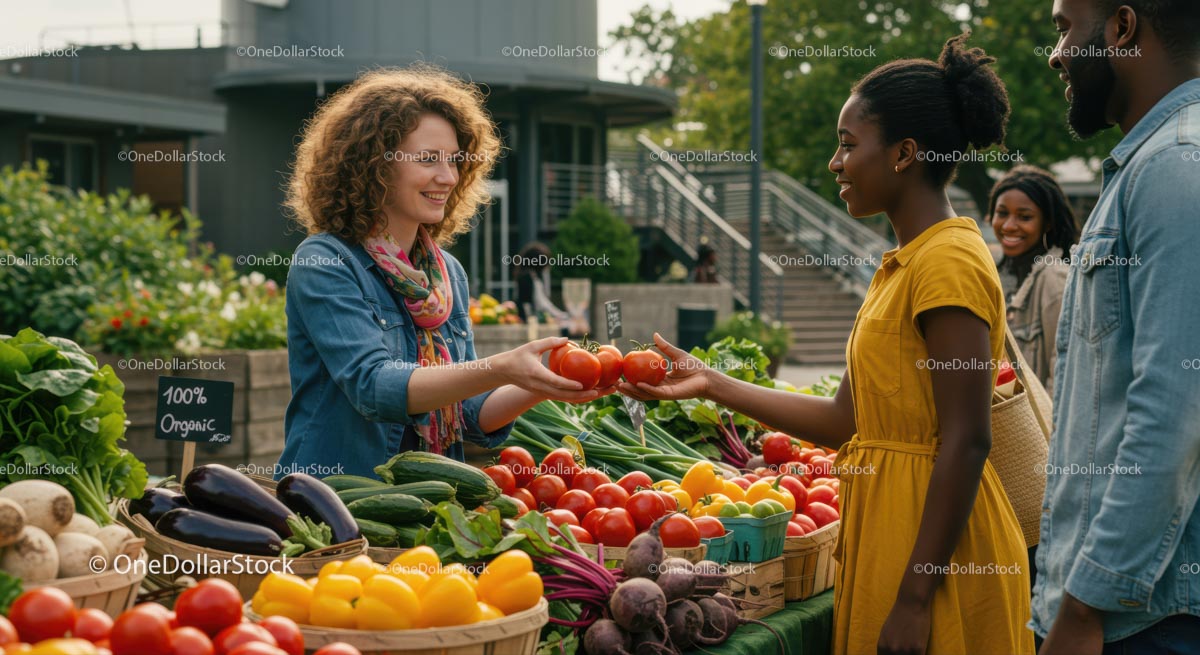 Friendly Exchange at Farmers Market with Fresh Produce