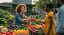 Friendly Exchange at Farmers Market with Fresh Produce