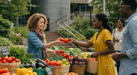 Friendly Exchange at a Vibrant Farmers Market