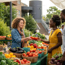 Friendly Exchange at a Vibrant Farmers Market Stand