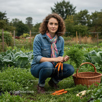 Woman Harvesting Fresh Carrots in a Lush Vegetable Garden