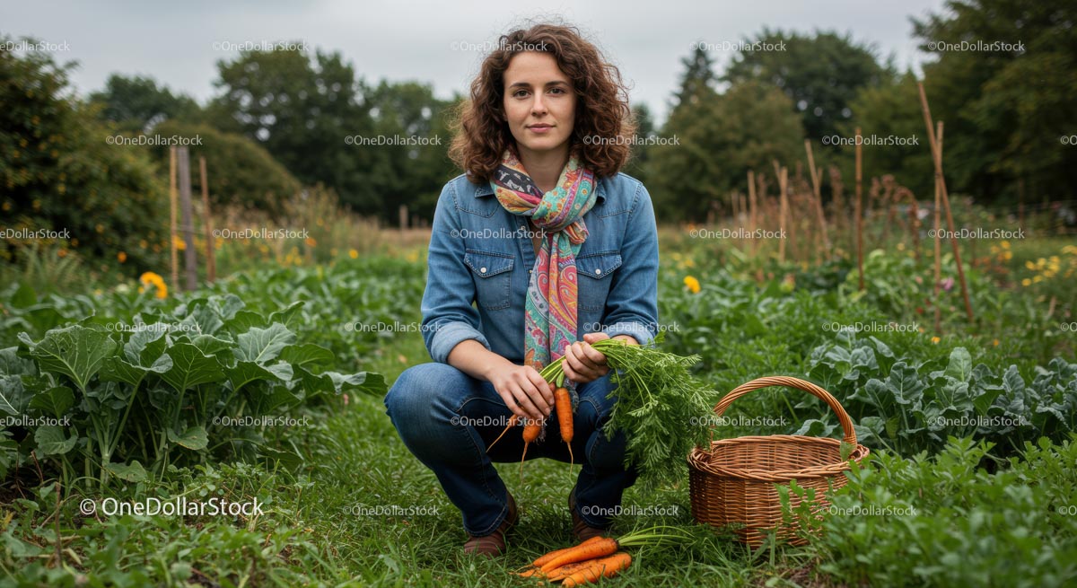 Woman Harvesting Fresh Carrots in Lush Vegetable Garden