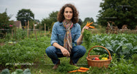 Woman Harvesting Fresh Carrots in a Lush Vegetable Garden