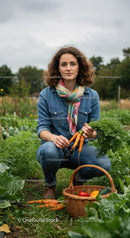 Young Woman Harvesting Fresh Carrots in Organic Garden