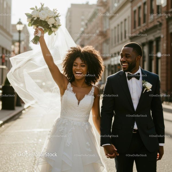 Joyful Bride and Groom Walking on a Sunny City Street