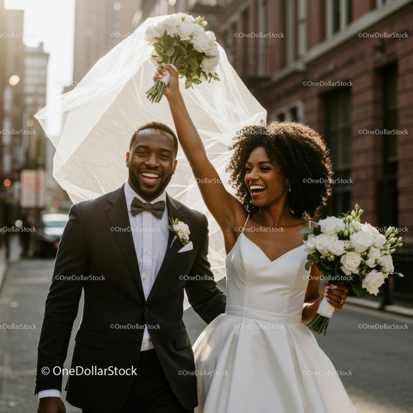 Joyful Newlyweds Celebrating in Urban Setting