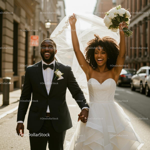 Joyful Bride and Groom Celebrating in Urban Streets
