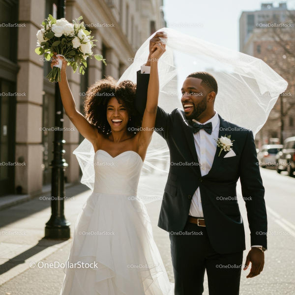 Joyful Newlyweds Celebrating in Urban Cityscape
