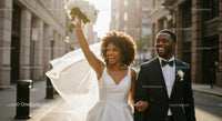 Joyful Bride and Groom Celebrating in City Streets