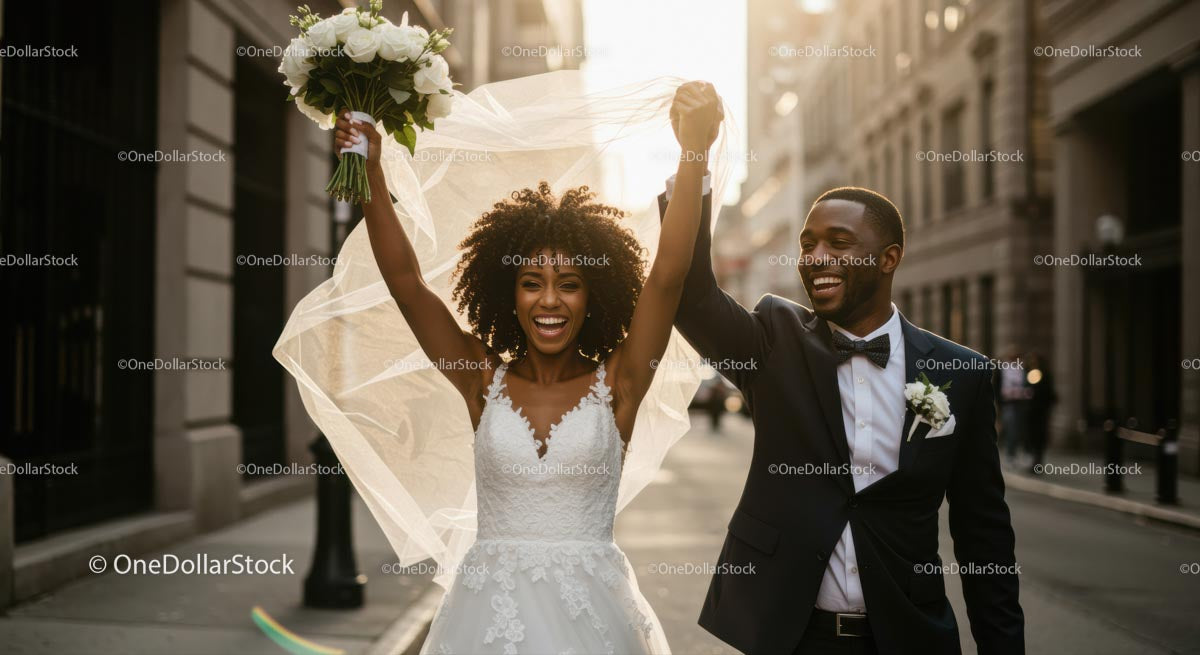 Joyful Bride and Groom Celebrating on City Street