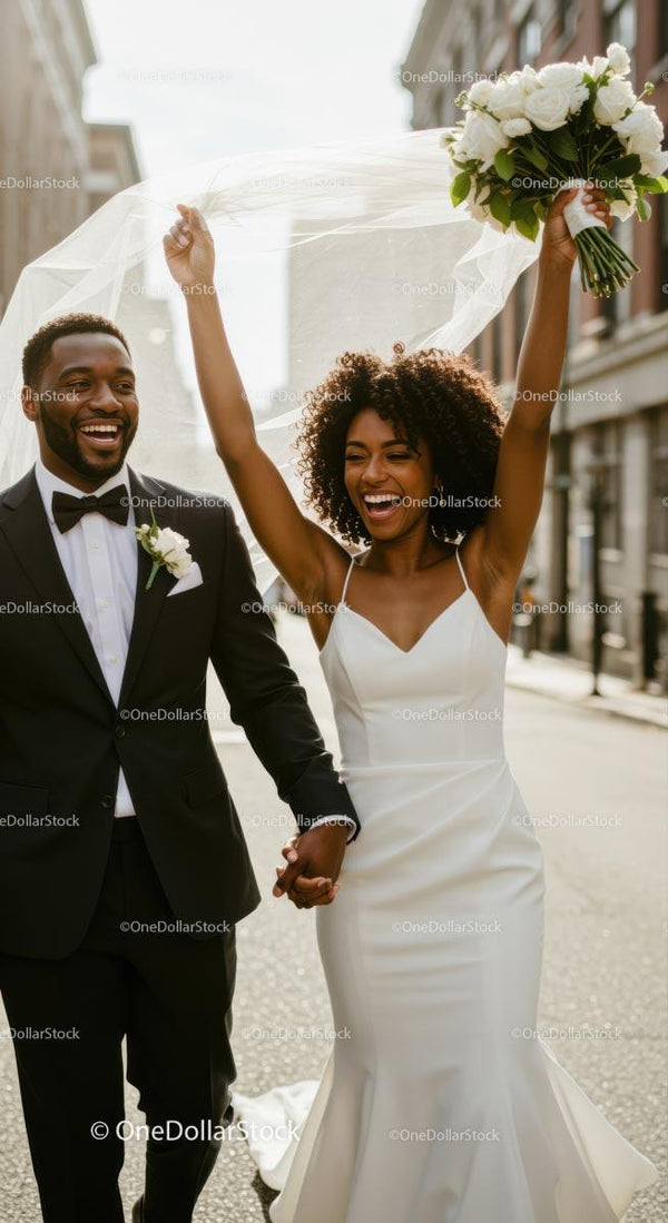 Joyful Newlyweds Holding Hands in Urban Setting