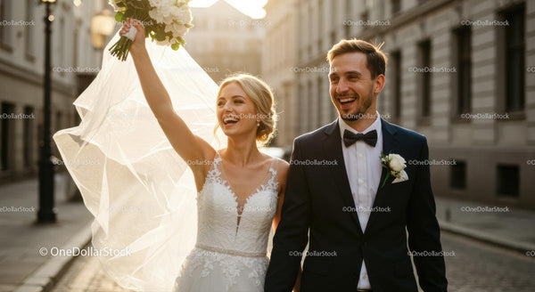 Joyful Bride and Groom Celebrating in the Sunlight
