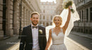 Happy Newlyweds Celebrating on a Sunny City Street