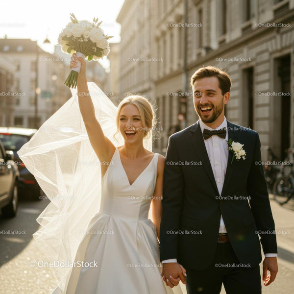 Joyful Wedding Couple Strolling Through Sunlit City Streets