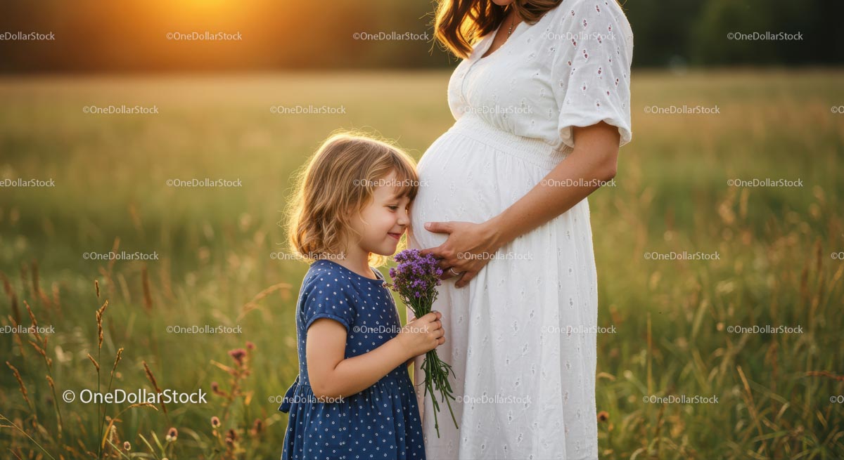 Pregnant Mother and Daughter in Sunny Meadow