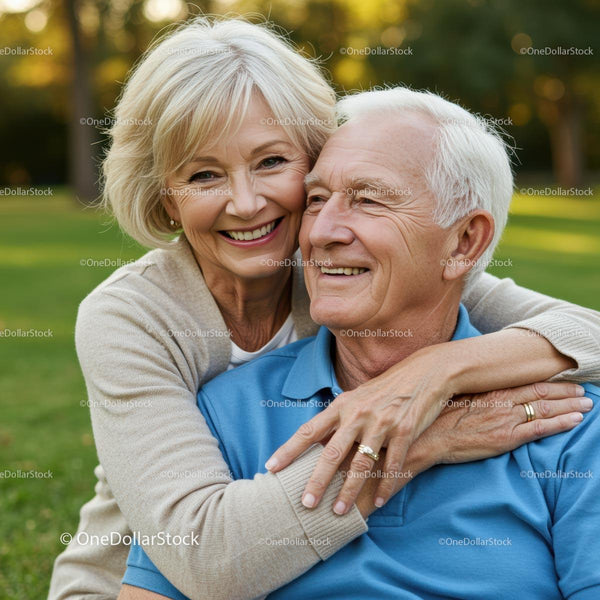 Elderly Couple Embracing in a Sunny Park