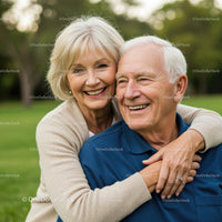 Smiling Elderly Couple Embracing in a Sunny Park
