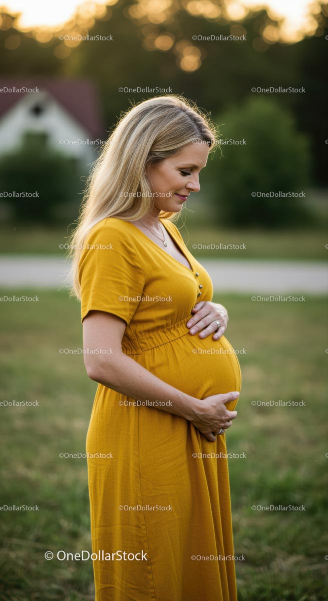 Pregnant Woman in Yellow Dress Standing Outdoors