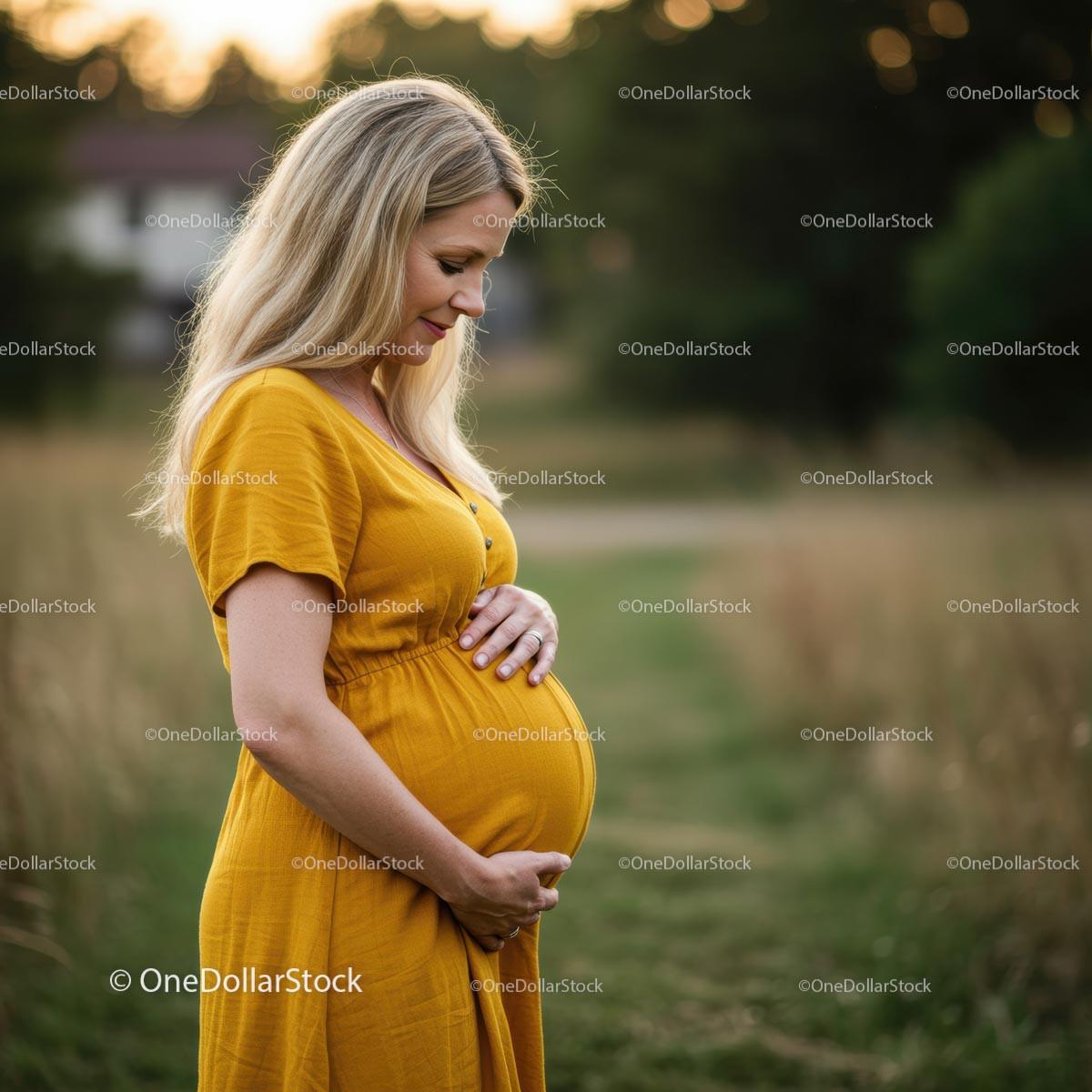 Pregnant Woman in Yellow Dress in Countryside at Sunset
