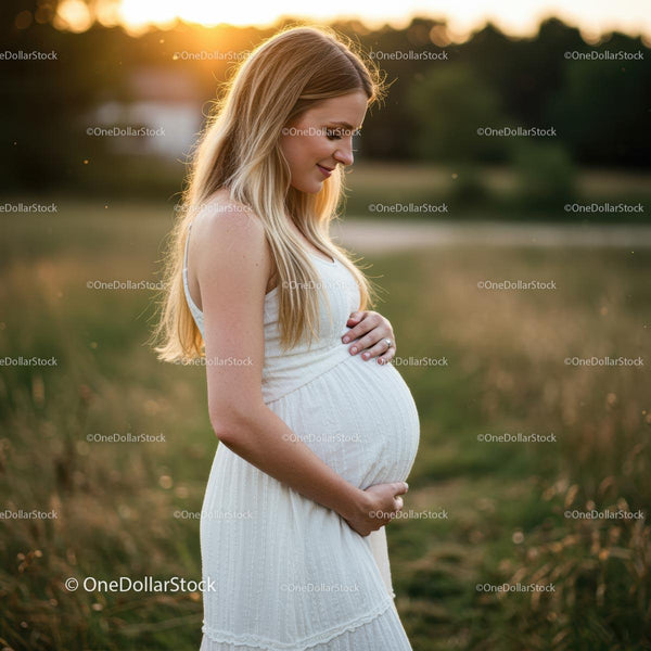 Expectant Mother in White Dress at Sunset in Nature