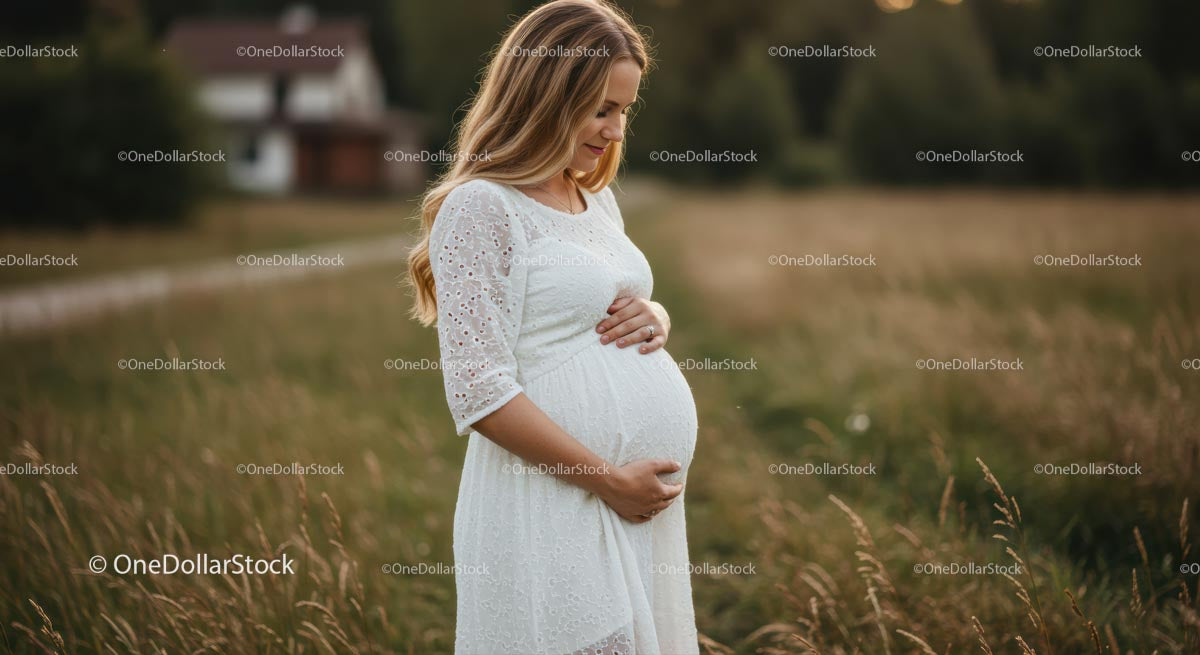 Przyszła mama w białej sukni na trawiastym polu
