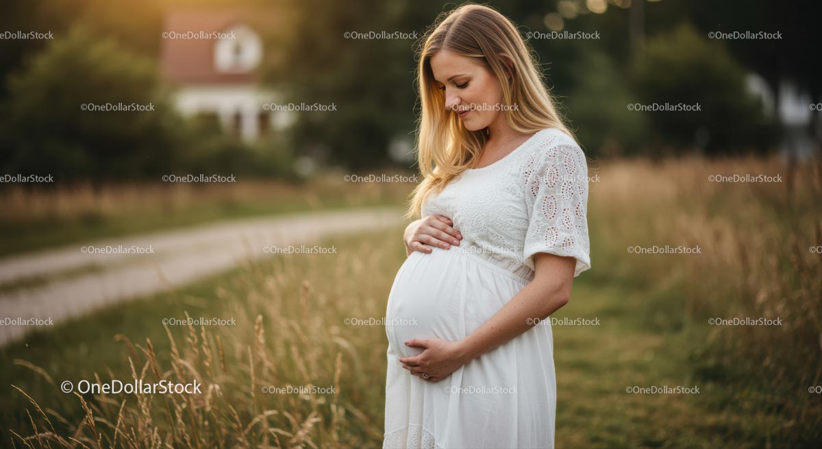 Kobieta w ciąży w białej sukni na oświetlonym słońcem polu